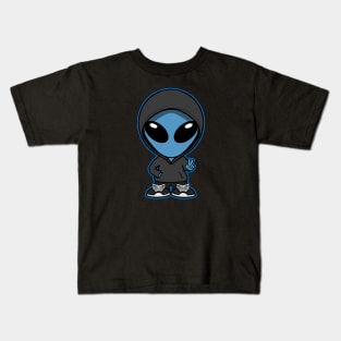 Hooded Space Alien Peace Hand Sign Blue Kids T-Shirt